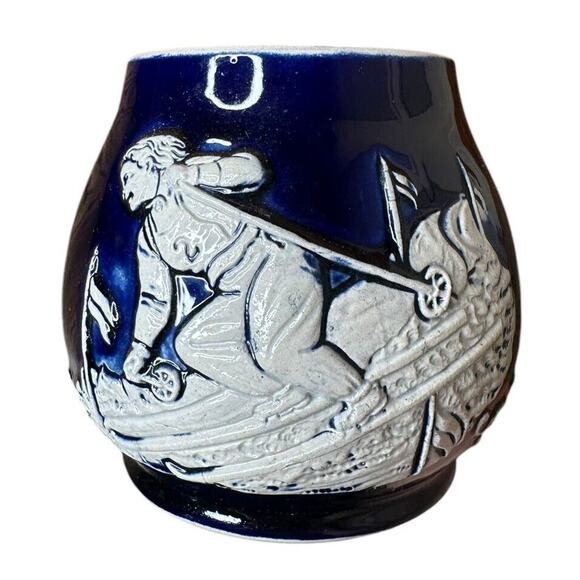 Vtg German Beer Mug Wick-Werke Mug Stein Stoneware Cobalt Blue Salt Glaze Skiing - Picture 1 of 7